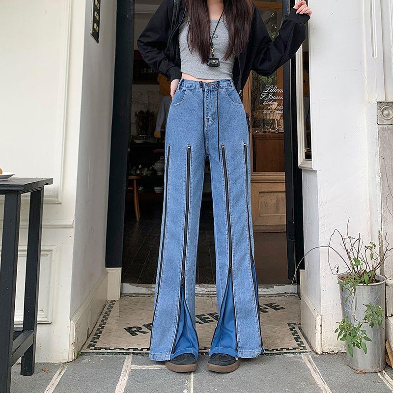 

большой размер винтажный пэчворк высокая талия повседневные свободные женские весенне-летне-осенние джинсы деним широкие штанины L