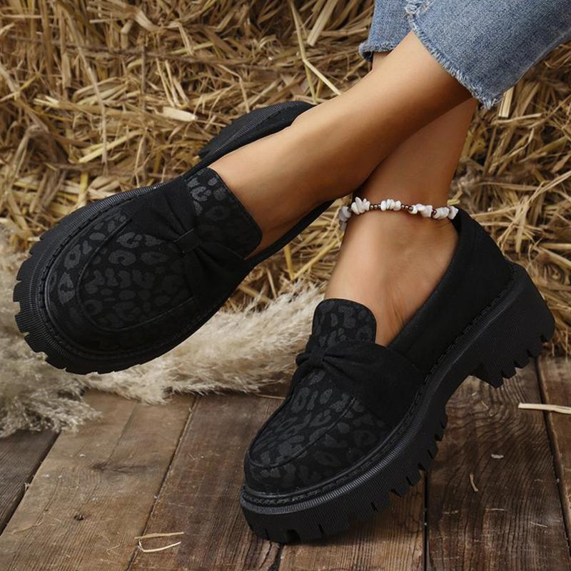 

Fashion Leopard Faux Suede Loafers Shoes for Women Plus Size Platform Shoes Woman Bowknot Decoration Slip On Casual Shoes Mujer 35 чёрный