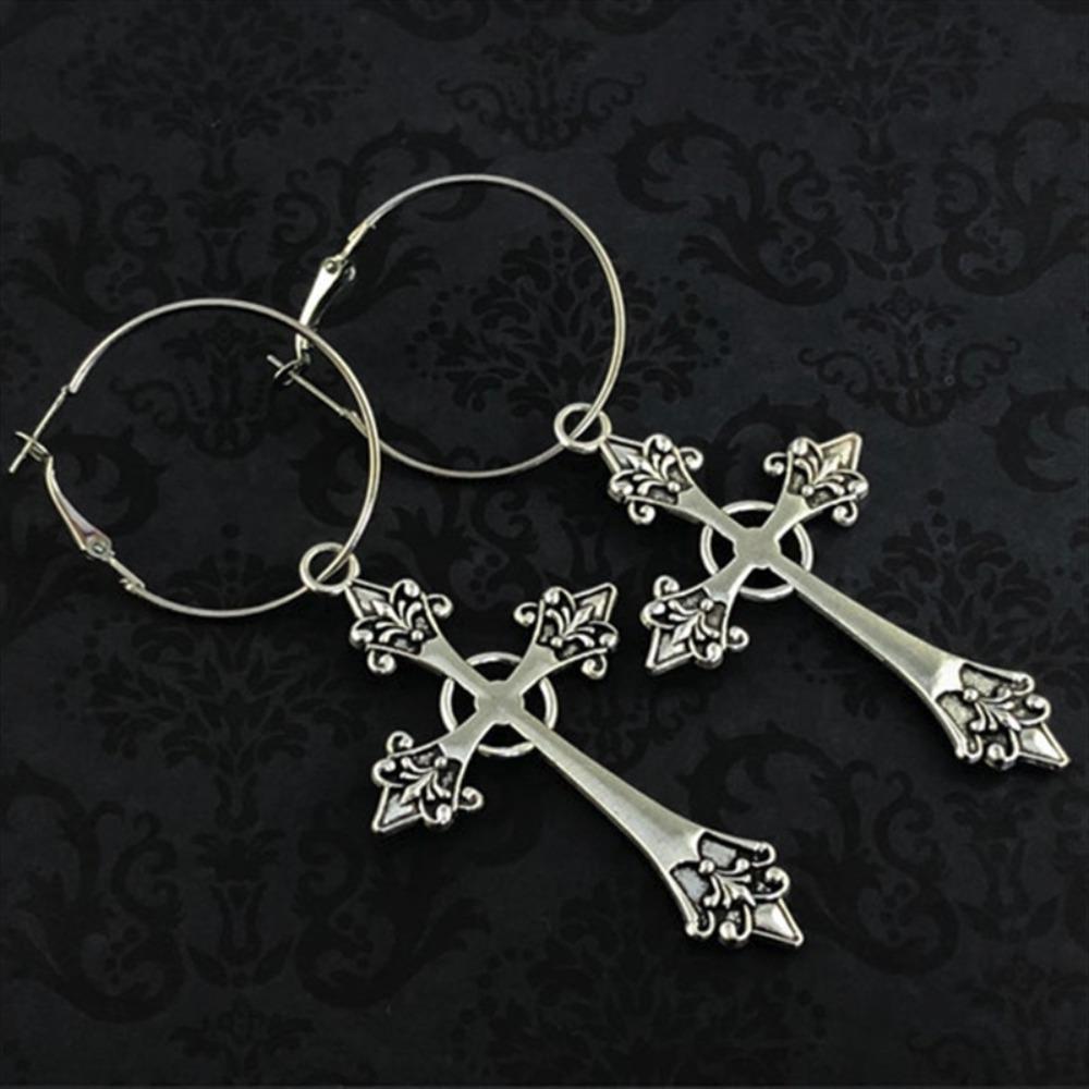 Gothic Hip-hop Silver Color Large Cross Arrow Pendant Dangle Earrings for Women Hallowmas Party Punk Hoop Earrings Jewelry Gifts