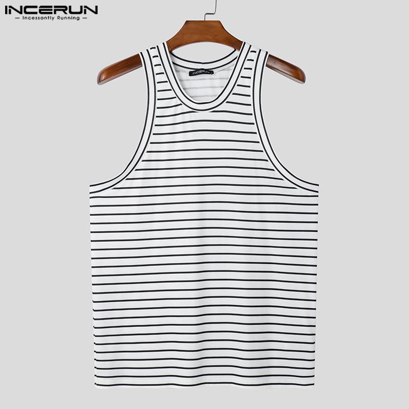 INCERUN Men Sleeveless Striped Print Casual Loose Tank Tops