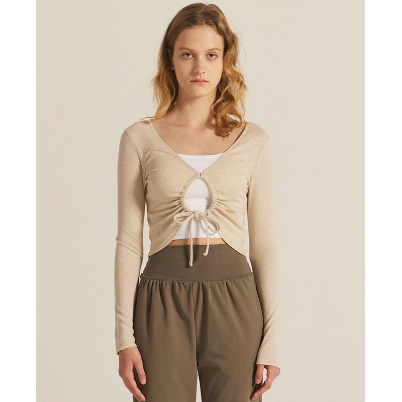 INS Outer Wear Long Sleeve Yoga Wear Bow Ballet Style Shoelace Blouse High Top Sports Workout Top Slim Elastic