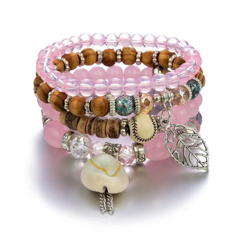 Bohemian Beaded Shell & Leaf Pendant Layered Bracelet Set