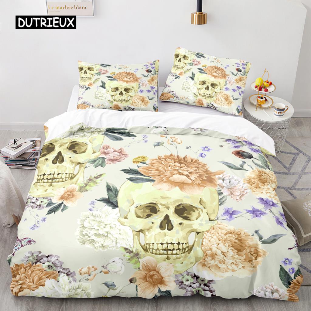 Povlak na přikrývku Sugar Skull King Mikrovlákno Růžový Ložní Set Květinová Lebka Povlak na Přikrývku Černá Červená Oranžová Kostra Jednolůžkový Povlak na Prošívanou Přikrývku