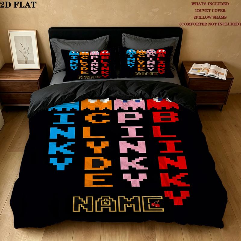 Custom Name,Pac Man Pattern Bedding Home Decoration Birthday Gift ( 1 Duvet Cover + 2 Pillowcase, Without Core),fan Merchandise.