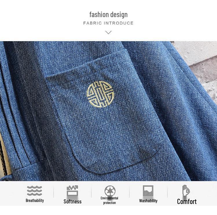 Herren Frühling Denim Tang Anzug Jacke mit chinesischen Froschknöpfen: Zen-inspirierte taoistische Hanfu-Robe