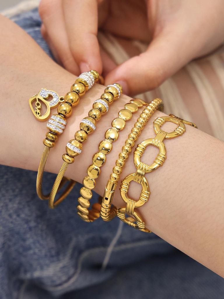 18K Gold-Plated Stainless Steel Geometric Zircon Bracelet Set - European & American Style, Personalized High-Texture Design.