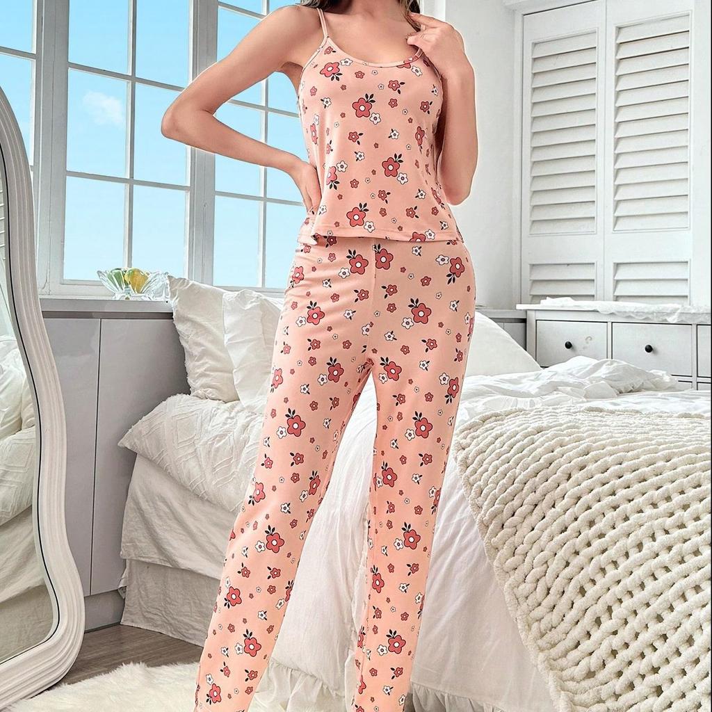 Summer Pajamas Set Women Shorts&Sleeveless Set Round Neck Sleepwear Young Girls Pink Flower Print Print Loungewear Homewear Pyjamas