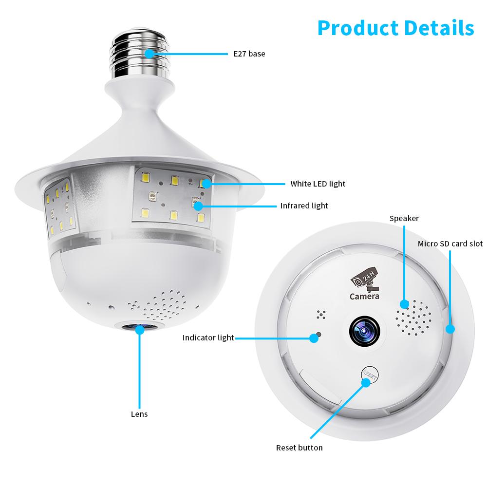 Bezpečnostní kamera v žárovce WiFi, Plnobarevné noční vidění, Obousměrná hlasová komunikace, Bezdrouhlé automatické sledování, 360° panoramatický rybí oko, Vnitřní IP CCTV kamera
