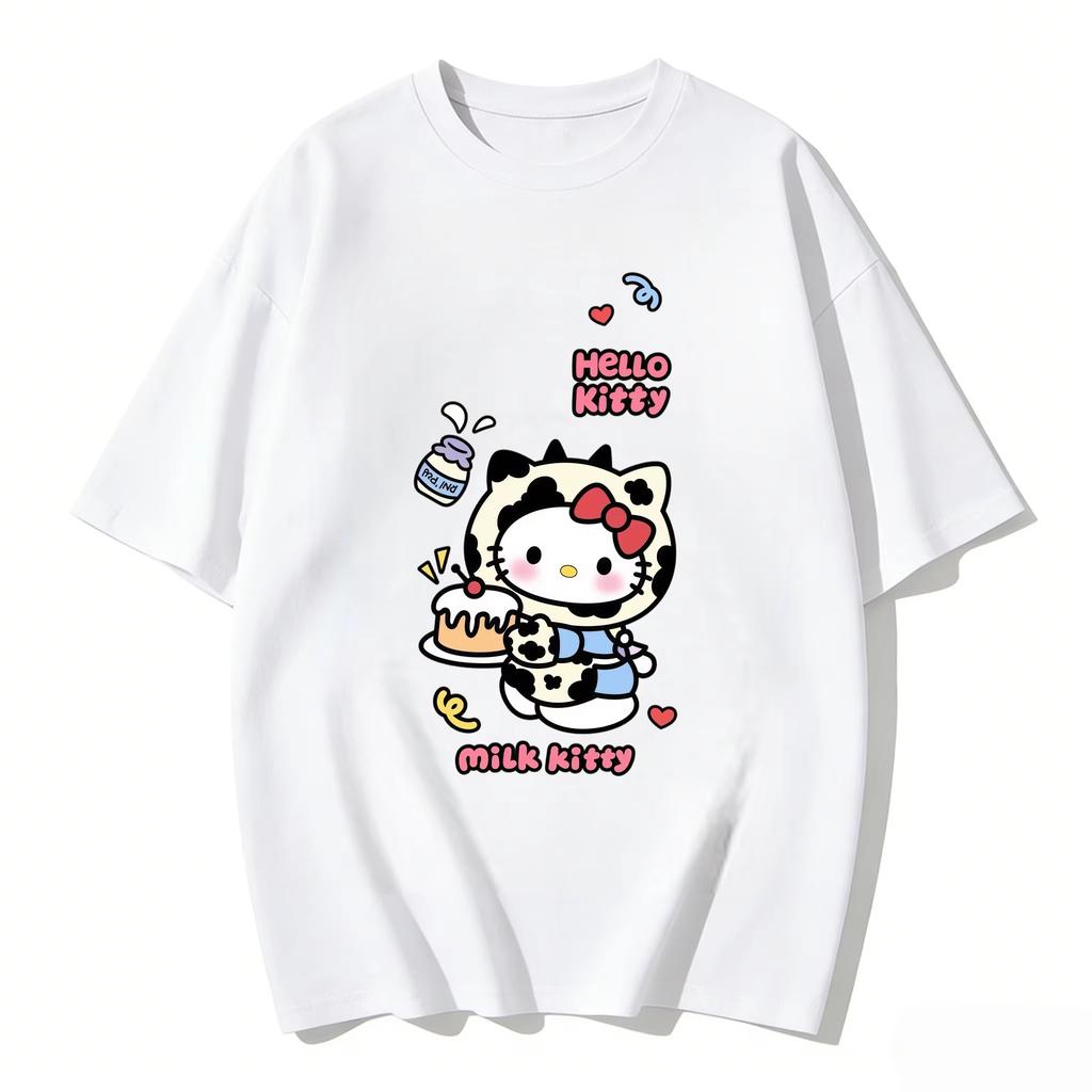 2026 New Summer HelloKitty Cute Graphic Tee Casual Short Sleeve Cotton Top for Women Girls Kawaii Cartoon Print Streetwear