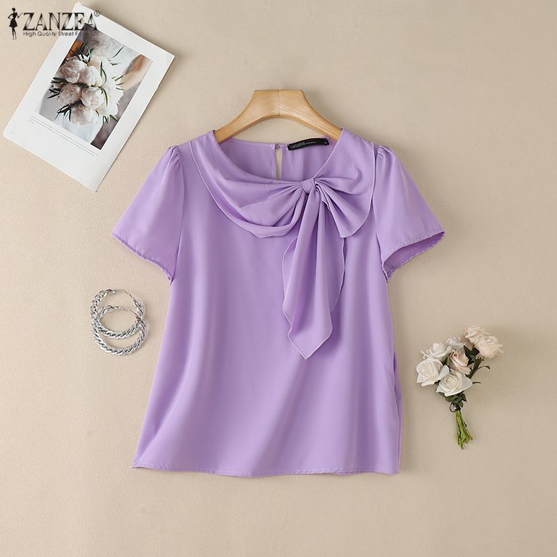ZANZEA Women Elegant Round Neck Casual Short Sleeve Blouse