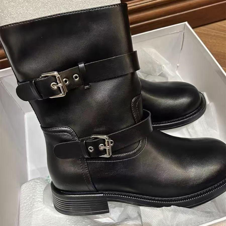 Korean 2025 Autumn Round Toe Ankle Boots with Square Heel & Buckle for Women