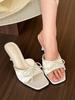 Girly atmosphere! Gentle white floral square head bow high heel sandals women