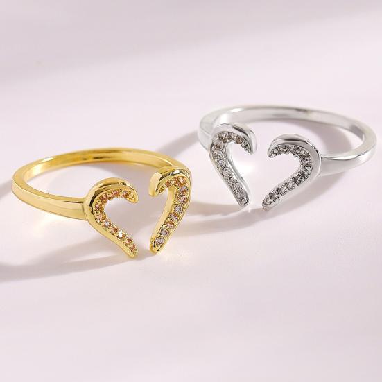 Women Ring Adjustable Open Heart Shape Finger Ring with Cubic Zirconia Semi-Inlaid Design Formal Wear Jewelry Gift
