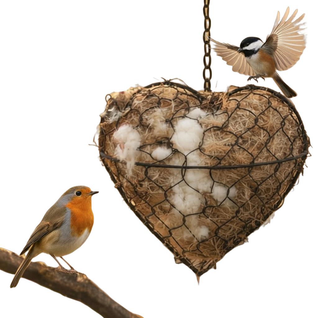 Handmade Fiber Bird Nesting Heart Refillable Hummingbird Nest Holder Dual-Season Outdoor Bird Shelter for Garden Yard Bird Lover