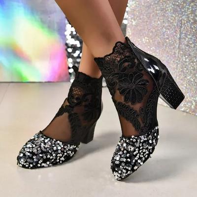 Mode Merk Vrouwen Schoenen 2024 Mode Vrouwen Hoge Hak Laarzen Klassiek Kant Bloem Hol Uit Ronde Neus Rits Sandalen Zapatos De Mujer