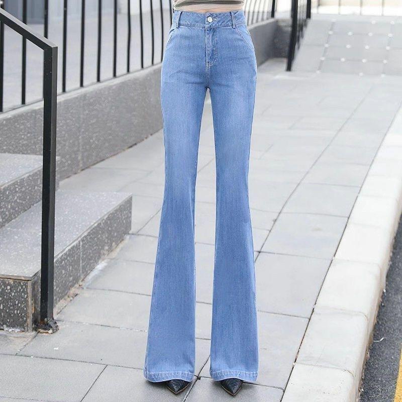 

Women s High-Waisted Elastic Flare Jeans, Slimming Body-Shaping, Plus Size, Light Blue Micro-Flare, 2025 Season. 27 (90-100 lbs) синий