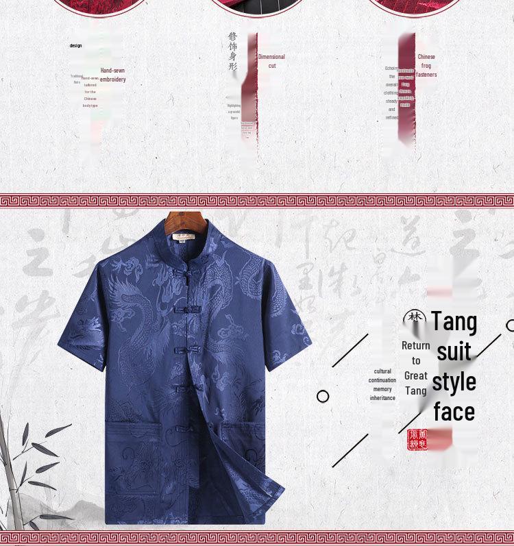 Silk Satin Dragon Tang Suit: Short-Sleeve Hanfu Shirt for Middle-Aged & Elderly Men, Lay Buddhist Attire with Frog Buttons