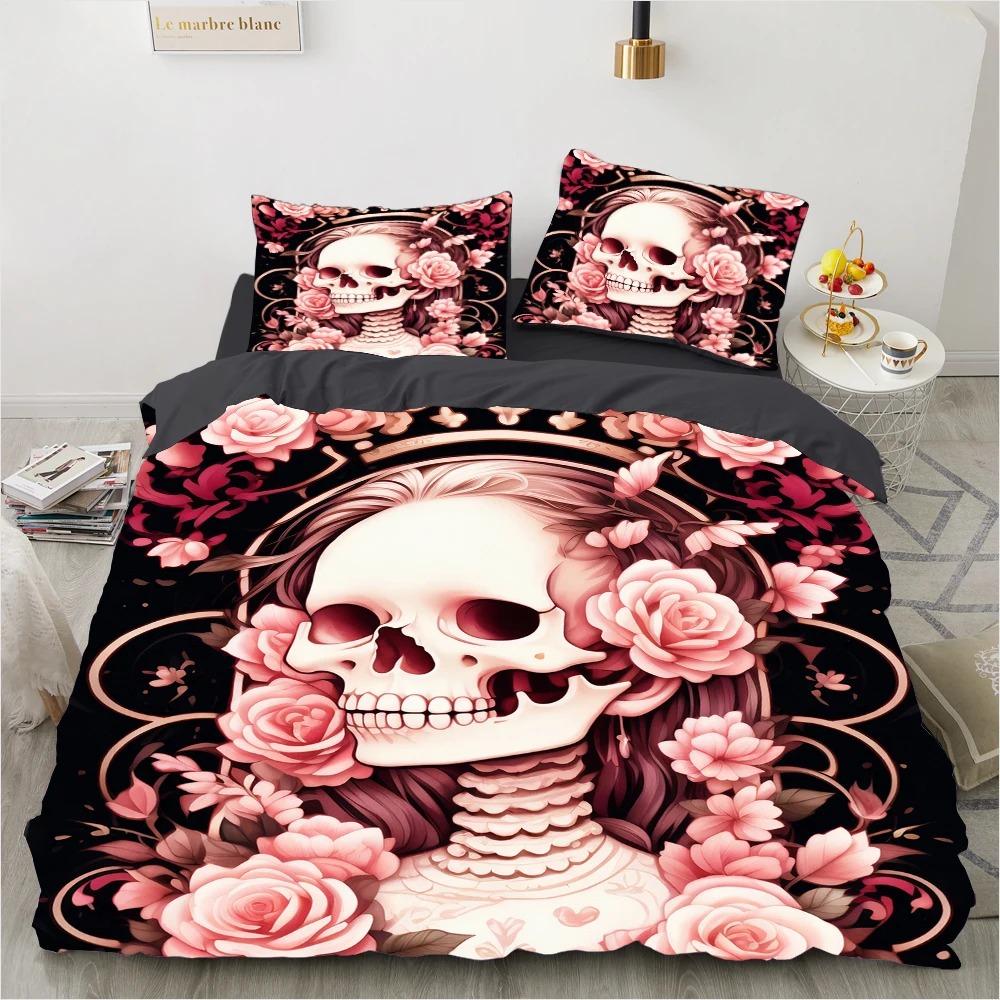 Rose Skull Duvet Cover Set Twin Single Size Halloween Bedding Set Teen Adult Kids Children Bed Linen Qulit Cover Pink Spider
