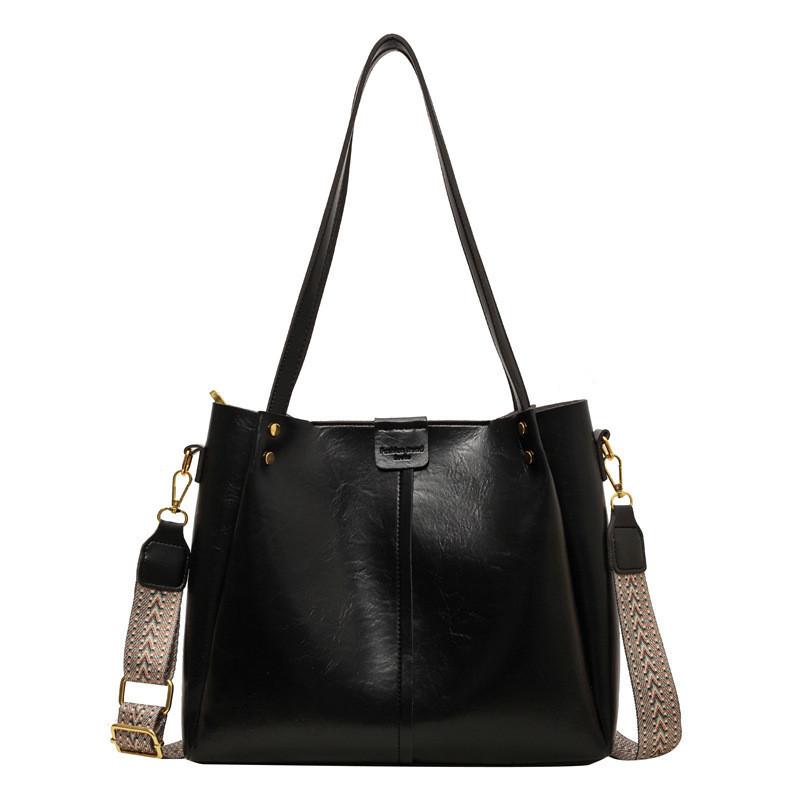 2024 New Large Capacity Women s Bag Urban Simple Style Pu Material Shoulder Bag With Wide Strap Handbag Black