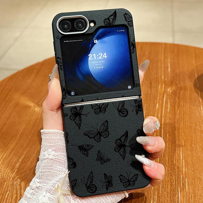 Butterfly Print Leather Texture TPU Magnetic Case For Magsafe For Samsung Galaxy Z Flip 6 5 4 3 Flip4 Flip5 Flip6 Folding Cover
