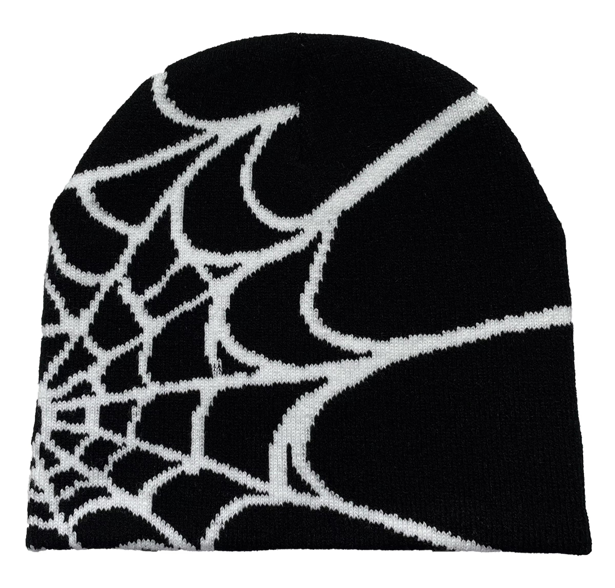 Gothic Stil Spinnenmuster Strickmütze, Warme Wintermütze für Damen, Lässige Mütze für Herren, Strickmütze für den Außenbereich white