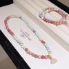 Pink Crystal Lotus Bracelet with Shoushan Stone & Gourd Pendant, Red Vein Accents, Chinese Style Jewelry for Women