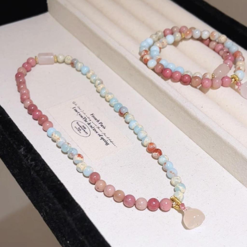 Pink Crystal Lotus Bracelet with Shoushan Stone & Gourd Pendant, Red Vein Accents, Chinese Style Jewelry for Women