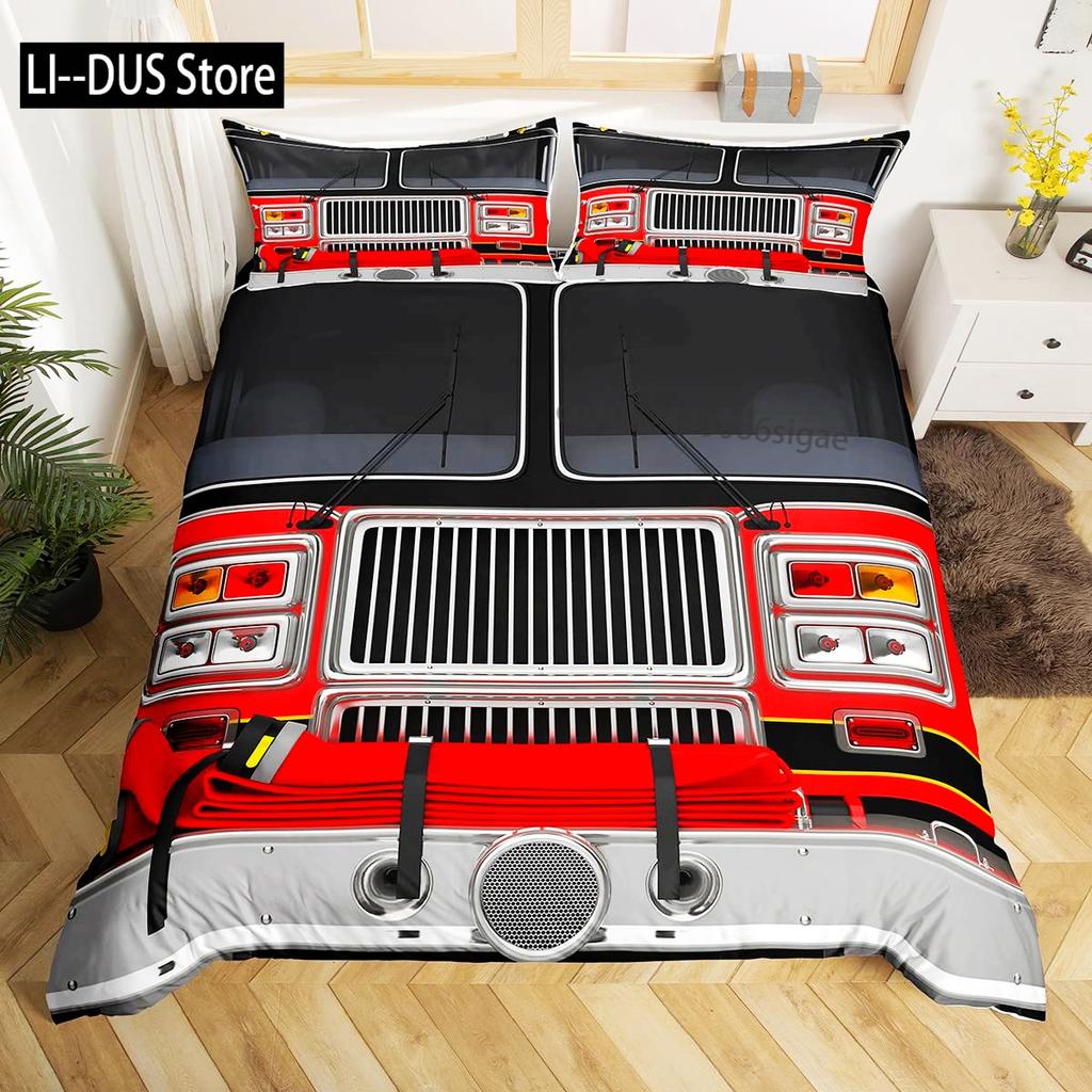 Fire Truck Duvet Cover Set Twin Size Red Firemen Car Vehicle Bedding Set Fire Engine Pattern For Boys Tire Printing Quilt Cover