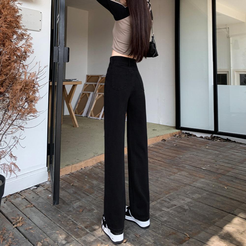 Personalized high waist wide legs double buckle jeans women's drape loose autumn and winter new thin floor mopping jeans