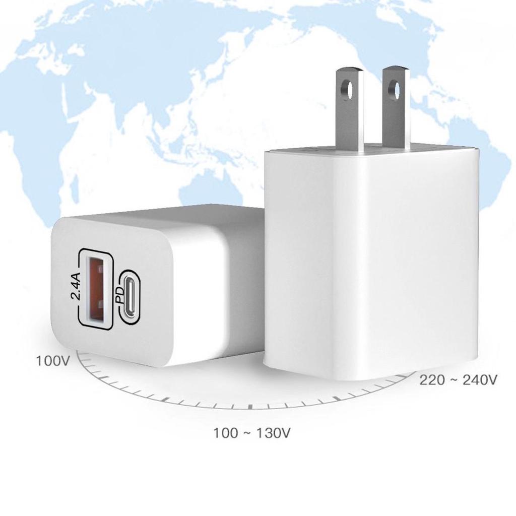 2.4A USB+PD Dual Port Travel Charger, Type-C+USB, US/EU Plug, Smart Fast Charging for Mobile Phones