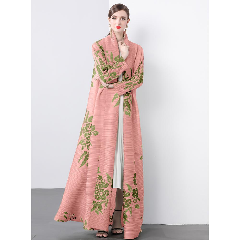Spring Autumn Women Print Long Maxi Elastic Lace-up Coat Robe