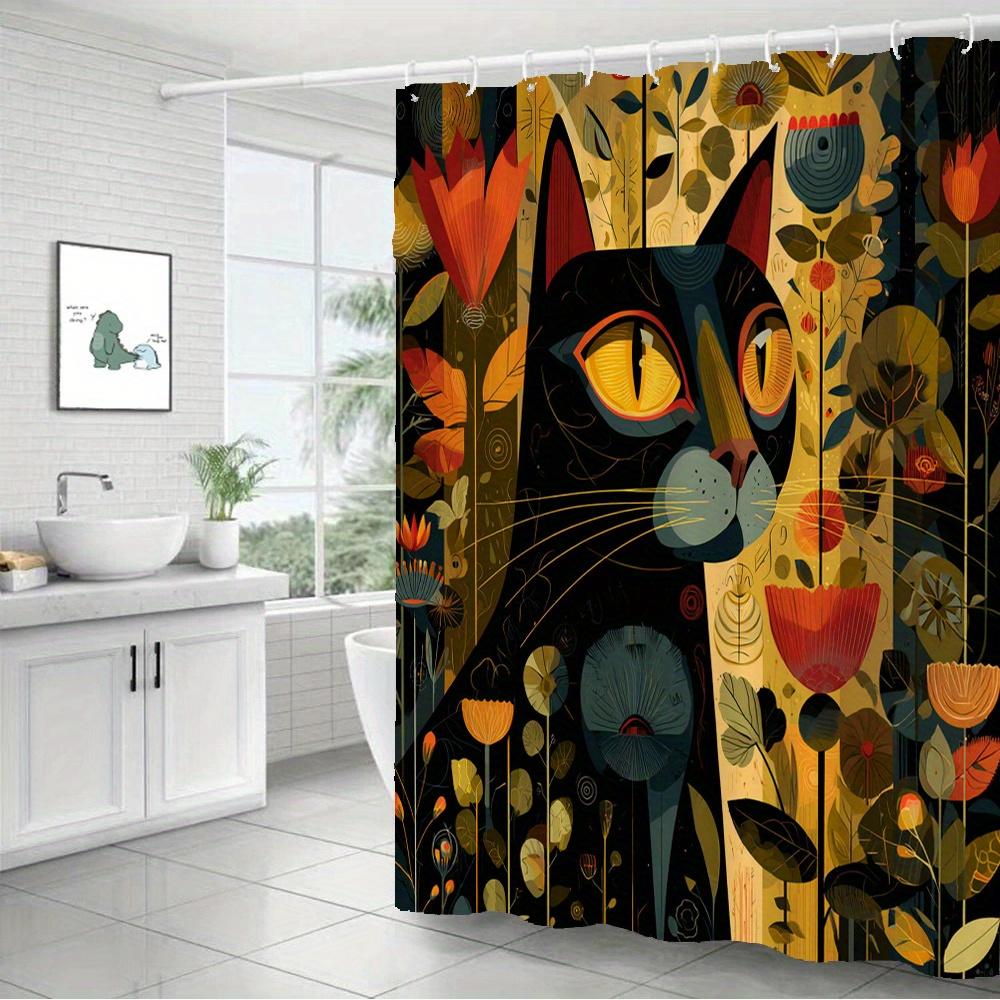 Artistic Black Cat Floral Waterproof Mildew-Resistant Shower Curtain - Unique Design for a Stylish Bathroom Décor Experience