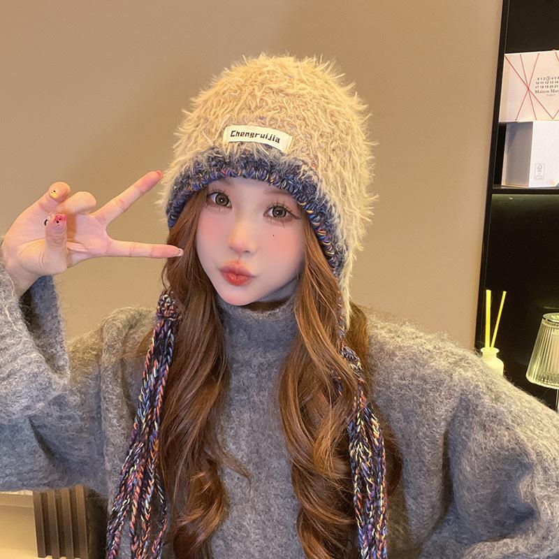 Women's Tassel Long Braid Plush Knitted Hat Face Showing Small Cold Warm Ear Protection Fashionable and Versatile Cold Hat