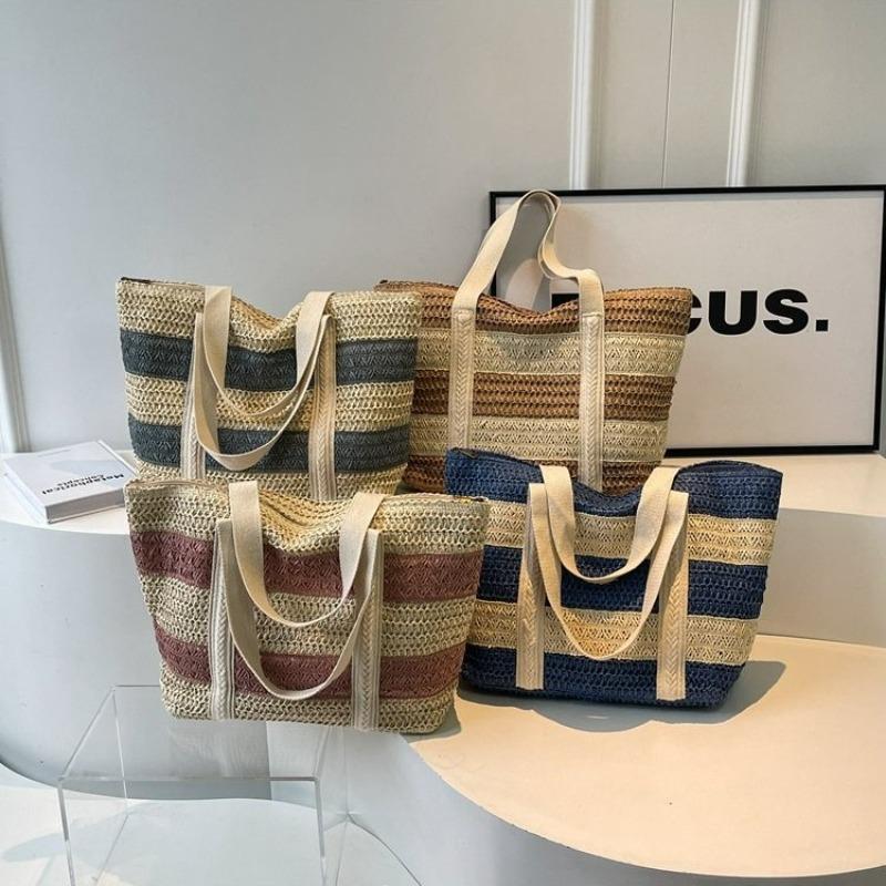 Farblich passende Strohtasche Damen Schulter Reißverschluss Webtasche Große Kapazität Tragbare Tragetasche Strandurlaub Strandtasche