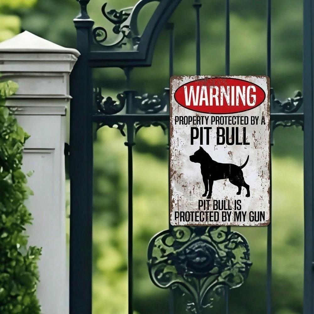 1pc Vintage Metal Tin Sign Beware of Pit Bull Funny Warning Sign, Retro Wall Art Decor 8x12in, Outdoor Yard Porch Hanging Plaque