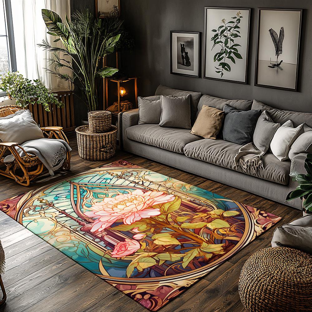 

Bohemian Floral Area Rug, Pink Blue Green Flower Carpet for Living Room, Soft Non-Slip Sofa Mat with Nature Inspired Decor 50x80cm
