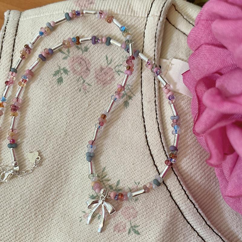 Color Crystal Beaded Bow Necklace Female Niche Design Sense Small Fresh Collarbone Chain Versatile Temperament Neck Chain