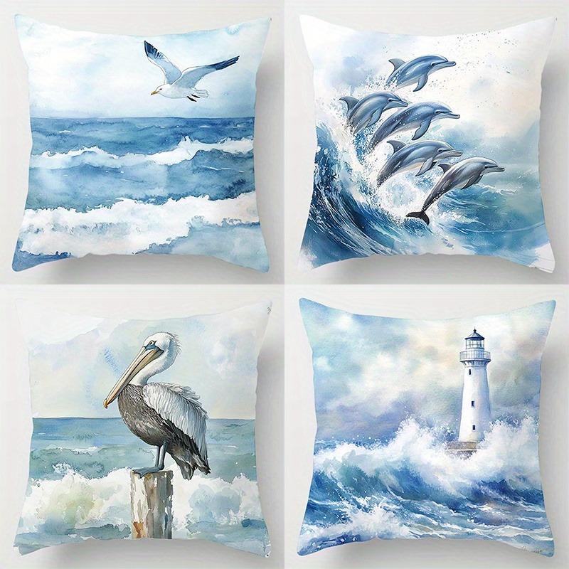 

Coastal Watercolor Pillowcase - Dolphin & Lighthouse Sea Scene Pillow Cover for Sofa Bedroom Living Room 4PC-45x45cm