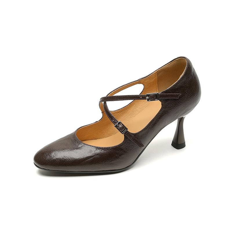 Fashion 2025 New Spring Square Heeled Women Pumps Buckle Strap Genuine Leather Office Lady Shoes Woman Retro Round Toe Black Mary Janes