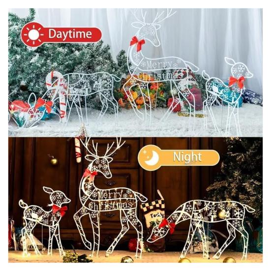 Christmas Reindeer Decoration Outdoor Light Up Deer Family with Warm Light 2D Standing Deer for Holiday Yard Garden Lawn Decor