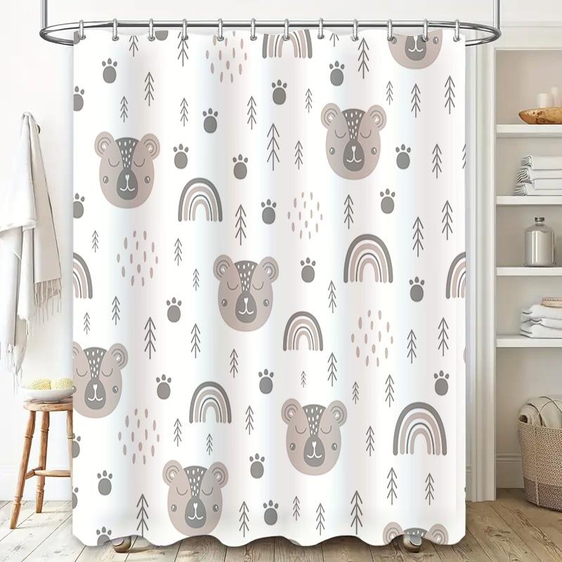 Adorable Brown Bear Shower Curtain with Rainbows and Trees White Grey Bath Decor for Kids Bathroom