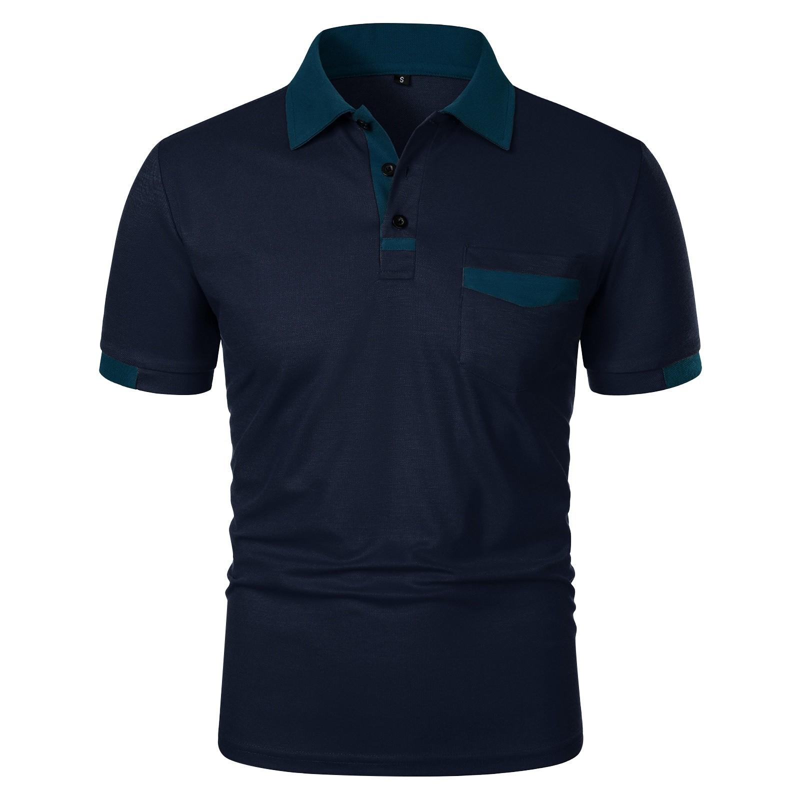 

Мужская повседневная рубашка с коротким рукавом и карманом на пуговицах с цветными блоками XL тёмно-синий