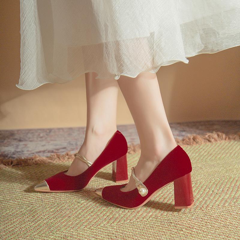 Autumn and winter new red high-end Mary Jane high heels wedding shoes women's show he wedding dress bride shoes single shoes