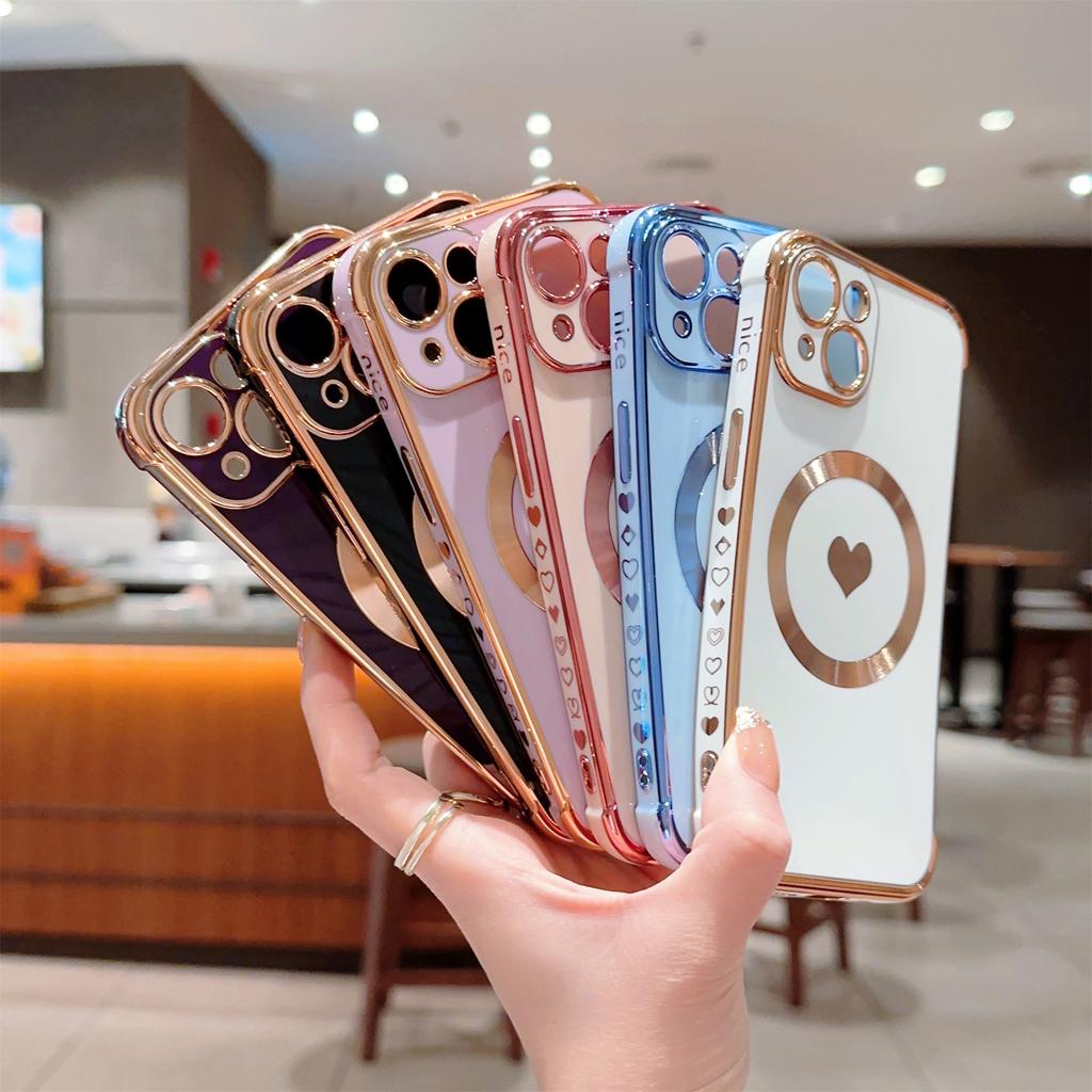 Für iPhone 13 Magnetische Hülle Liebesherz Muster TPU Kratzfeste Handyhülle Galvanisierte Kante