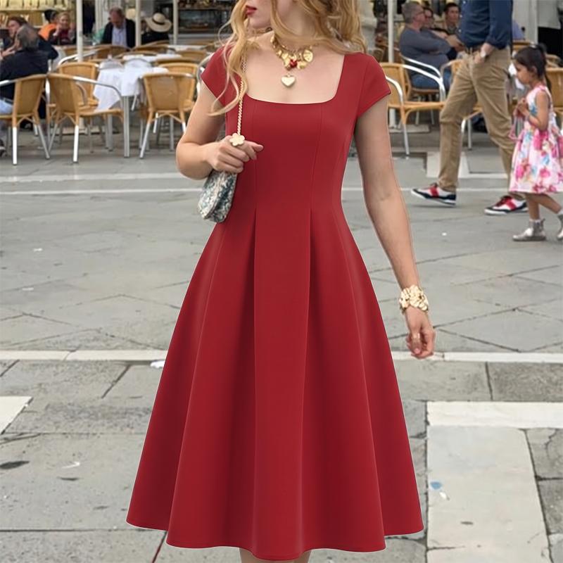 ZANZEA Women Elegant Square Collar Casual Short Sleeve Dress