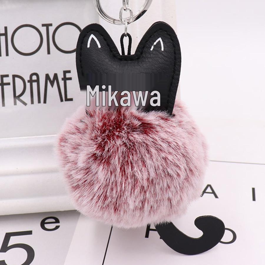 Adorable Black Kitten Keychain with Faux Fur Ball Charm - Cat Plush Toy Accessory