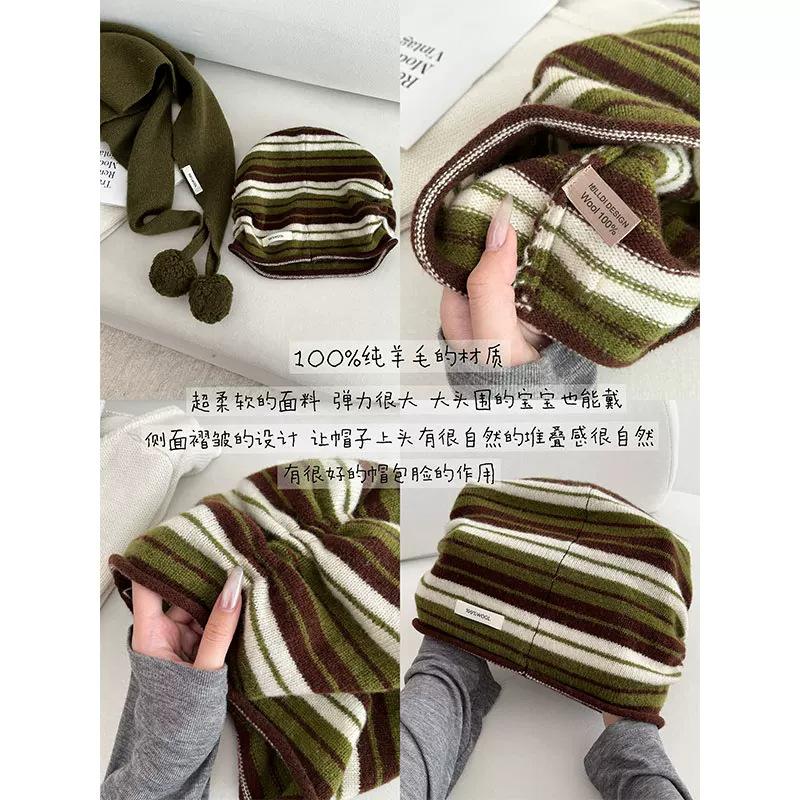 Color Striped Wool Knitted Pullover Heap Hat Female Atmosphere Soft Waxy Bag Head Show Face Small Hat Warm Cold Hat Man