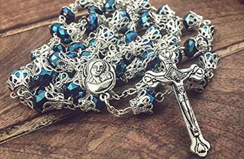 Catholic necklace with deep blue crystal crown beads, rosary, sacred earth medal and cross.