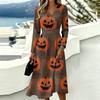 Women's Casual Halloween Print Long Sleeve V-Neck Dress with Pockets