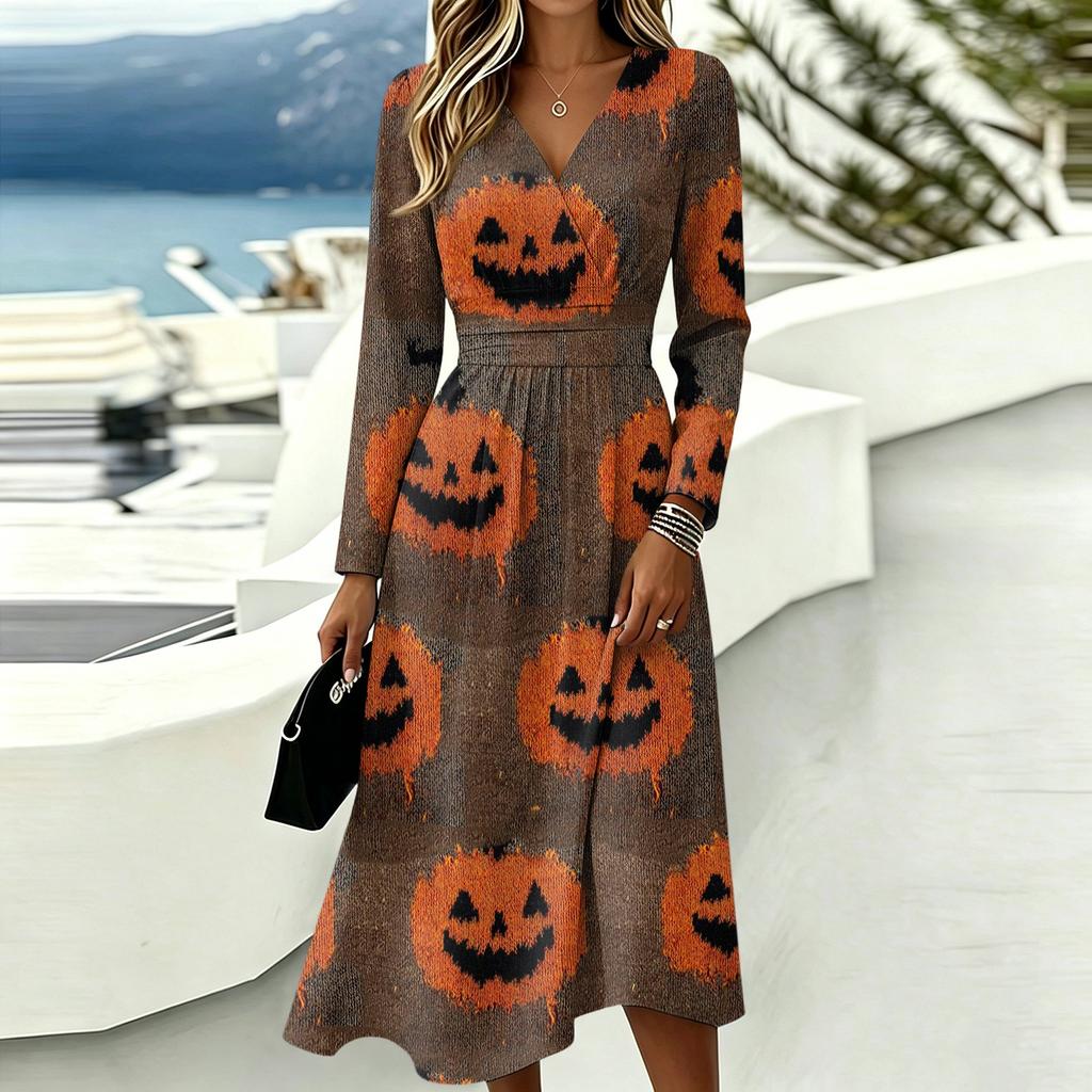 Women's Casual Halloween Print Long Sleeve V-Neck Dress with Pockets